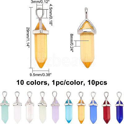 10Pcs 10 Colors Bullet Glass Pointed Pendants GLAA-FH0001-49-1