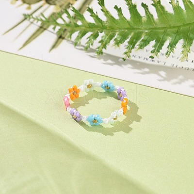 Glass Beaded Flower Wrap Stretch Finger Ring for Women RJEW-MZ00002-02-1