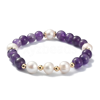 Natural Amethyst & Pearl Beaded Stretch Bracelet for Women BJEW-JB09384-03-1