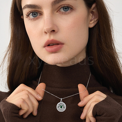 2Pcs 2 Styles Stainless Steel Flat Round with Flower Essential Oil Diffuser Locket Pendant Necklaces for Women NJEW-HS0001-17-1