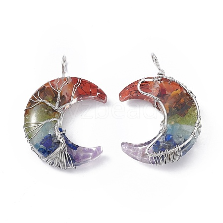 7 Chakra Natural Mixed Stone Chip Copper Wire Wrapped Big Pendants G-F733-03A-1