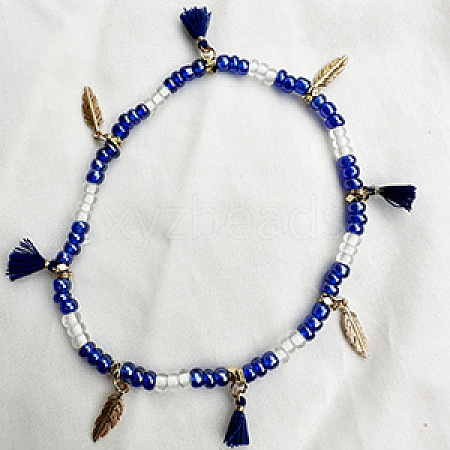 Bohemian Style Alloy Feather Charm Tassel Plastic Seed Beaded Stretch Anklets FS-WGB8A48-14-1