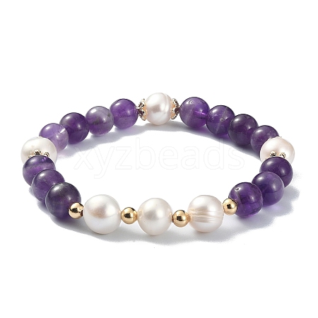 Natural Amethyst & Pearl Beaded Stretch Bracelet for Women BJEW-JB09384-03-1
