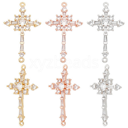 Beebeecraft 6Pcs 3 Colors Brass Pave Clear Cubic Zirconia Connector Charms ZIRC-BBC0001-90-1