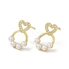 Clear Cubic Zirconia Hollow Out Heart with Bear Claw Print Stud Earrings with Plastic Pearl Beaded EJEW-I277-18G-1