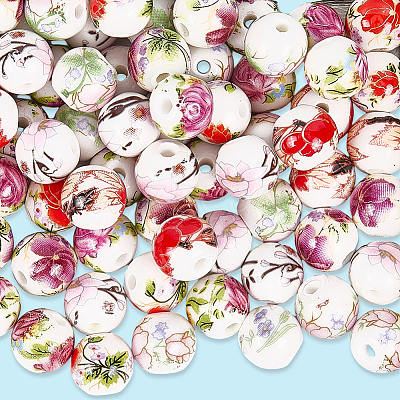 Handmade Flower Printed Porcelain Ceramic Beads PORC-LT0001-12B-1