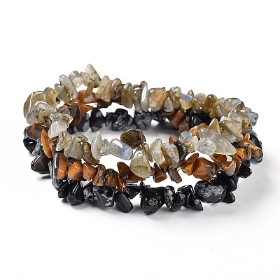 Chips Natural Labradorite & Snowflake Obsidian & Tiger Eye Beaded Stretch Bracelets Sets X-BJEW-JB05332-05-1