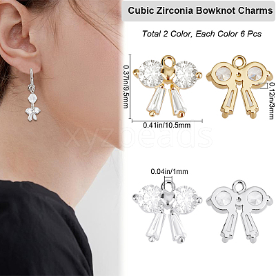 12Pcs 2 Colors Brass with Clear Cubic Zirconia Charms ZIRC-BBC0002-64-1