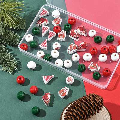 50Pcs 7 Styles Christmas Painted Wood Beads Set WOOD-FS0002-44-1