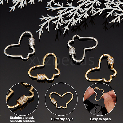 4Pcs 2 Colors Butterfly Brass Micro Pave Clear Cubic Zirconia Screw Carabiner Lock Charms KK-WR0001-05-1