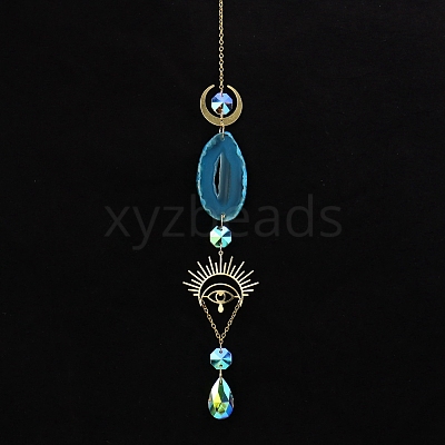 Natural Agate Piece & Metal Evil Eye Moon Hanging Ornaments PW-WG66301-07-1