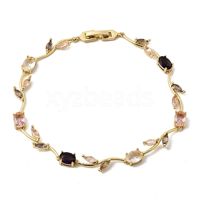 Leaf Brass Micro Pave Cubic Zirconia Link Chain Bracelets for Women BJEW-D455-01G-05-1