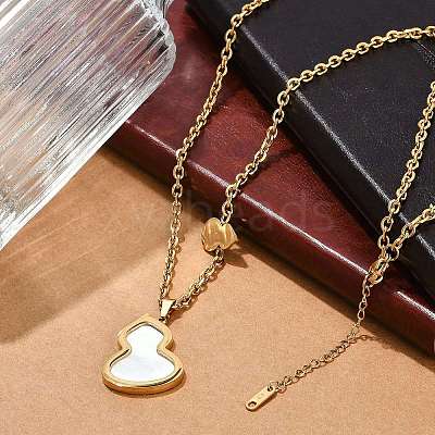 Ion Plating(IP) 304 Stainless Steel Pave Natural Shell Gourd Pendant Cable Chain Necklaces for Women NJEW-M078-02G-01-1