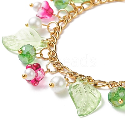 5Pcs 5 Color Glass Pearl & Trumpet Flower & Acrylic Leaf Charm Bracelets Set BJEW-JB08909-1