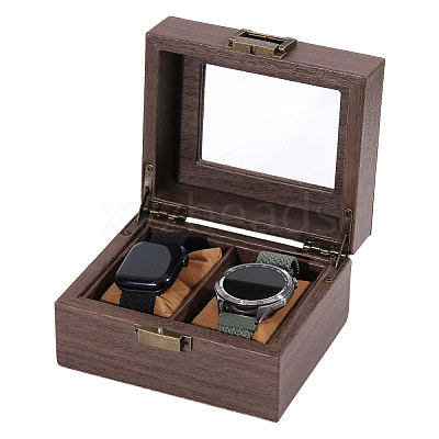 2-Slot Wood Covered with PU Leather Watch Storage Boxes with Glass Visible Window Hinged Lids and Lint Pillows Inside CON-WH0113-10A-1