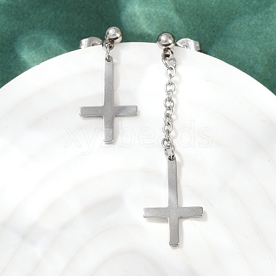 Christian Upside Down Cross 201 Stainless Steel Dangle Stud Earrings LS-EJEW-P314-01C-P-1