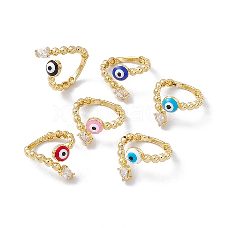 Clear Cubic Zirconia Teardrop & Enamel Evil Eye Open Cuff Ring RJEW-I086-03G-1