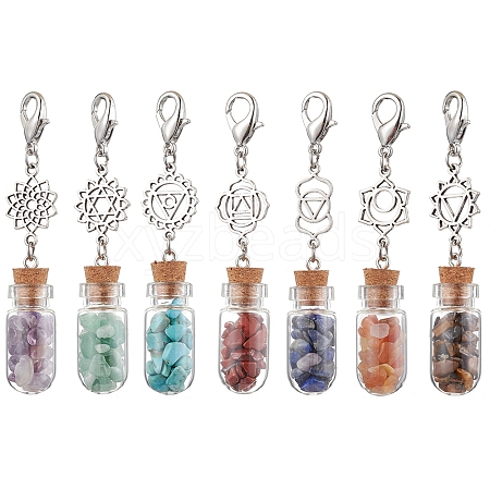 7Pcs 7 Styles Chakra Natural & Synthetic Gemstone Chip Beads inside Glass Wishing Bottle Pendant Decorations HJEW-JM02344-1