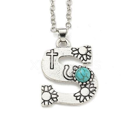 Letter A~Z Antique Silver Plated Alloy with Synthetic Turquoise Pendant Necklaces NJEW-G080-01S-1