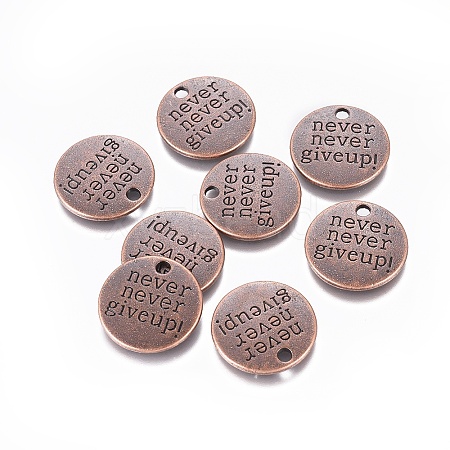 Tibetan Style Alloy Flat Round Carved Word Never Give Up Pendants X-TIBEP-12585-R-NR-1