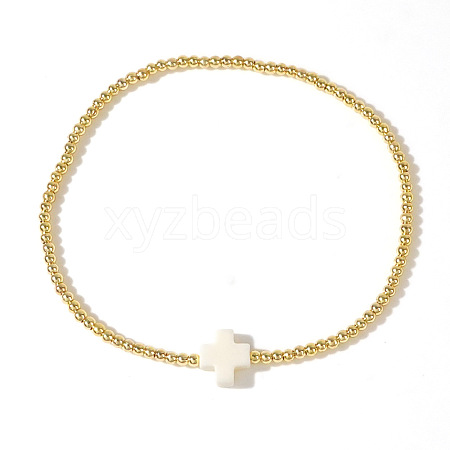 Cross Natural Gemstone & Brass Bead Stretch Bracelets for Women QE9707-4-1