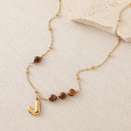 European Faceted Natural Tiger Eye 304 Stainless Steel Alphabet Pendant Necklaces QN9691-10-1