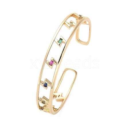 Brass Hollow Lightning Bolt Open Cuff Bangles with Colorful Glass for Women BJEW-M312-10G-1