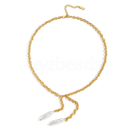 304 Stainless Steel Textured Cable Chain Faux Pearl Bar Tassel Pendant Necklaces for Women YV1047-1-1