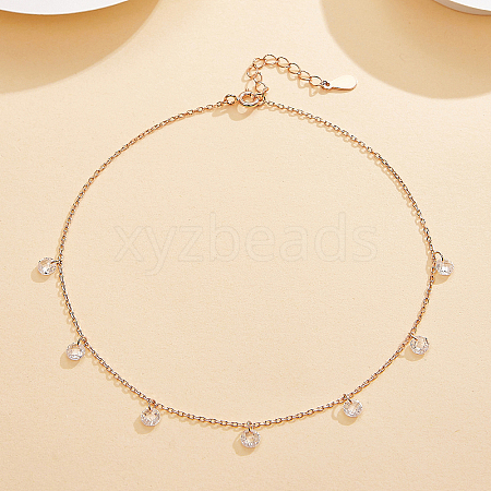 925 Sterling Silver Flat Round Cubic Zirconia Charm Anklets for Women RF9168-1