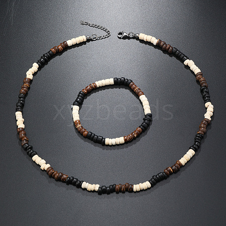 Bohemian Style Coconut Shell with Synthetic Turquoise Rondelle Beaded Necklaces & Bracelets Sets FS-WG8D889-01-1