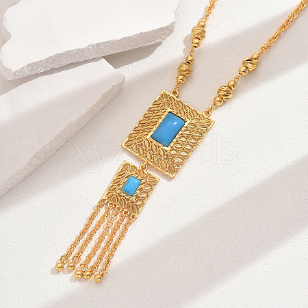 Fashionable Vintage Brass & Resin Imitation Gemstone Tassel Rectangle Pendant Necklaces for Women FQ7725-2-1