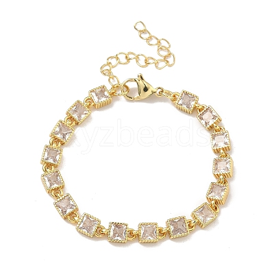 Square Brass Pave Cubic Zirconia Link Chain Bracelets for Women BJEW-P385-04G-07-1