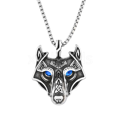 304 Stainless Steel Rhinestone Viking Wolf Head Pendant Necklaces FS-WGCFA8E-01-1