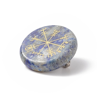 Natural Gemstone Flat Round with Norse Paganism Pattern Brooch Pin JEWB-BR00087-1