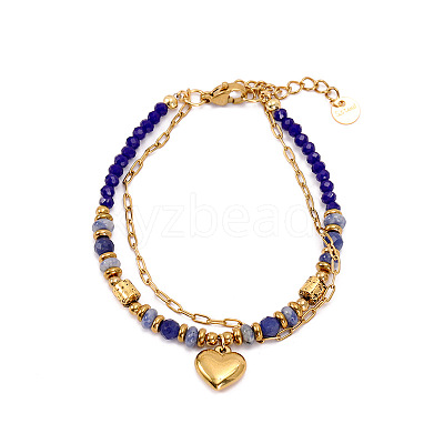 304 Stainless Steel Paperclip Chain & Natural Sodalite Beads Double Layered Bracelets WG3FEC9-03-1