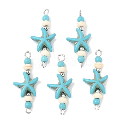 Dyed Synthetic Turquoise Starfish Rondelle Round Beaded Connector Charms PALLOY-JF04015-01-1