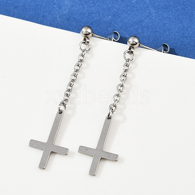 Christian Upside Down Cross 201 Stainless Steel Dangle Stud Earrings LS-EJEW-P314-01B-P-1