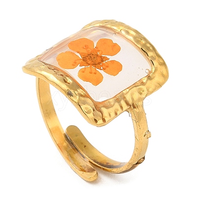 Dark Orange Square Epoxy Resin with Dry Flower Adjustable Rings RJEW-G304-03G-01-1
