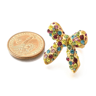 Bowknot 304 Stainless Steel Rhinestone Cuff Rings for Women RJEW-A058-01C-G-1