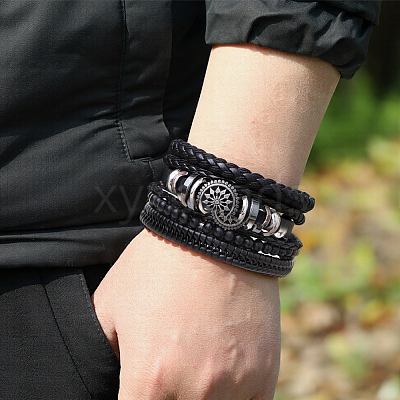 1Pc Cowhide & Imitation Leather Cord Knitted Multi-strand Bracelets AJEW-GF0011-50A-1