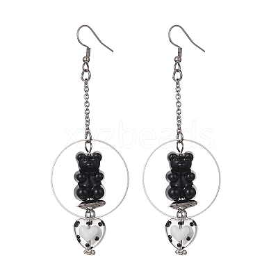 Acrylic Bear & Lampwork Heart Dangle Earrings EJEW-JE05416-01-1