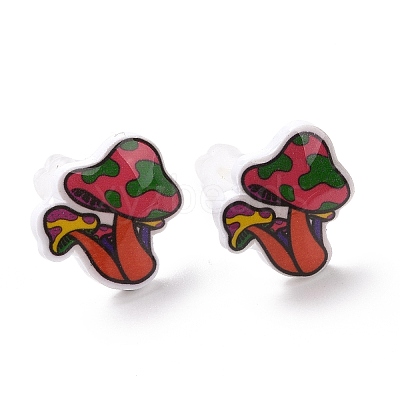 Acrylic Cartoon Mushroom Stud Earrings with Platic Pins for Women EJEW-F293-03B-1