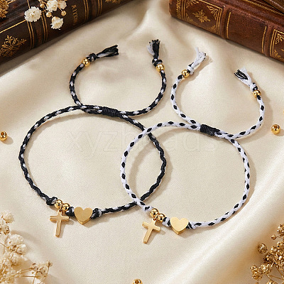 Adjustable Stainless Steel Religion Cross Heart Charm Friendship Braided Cord Bracelet Sets OA0130-1-1