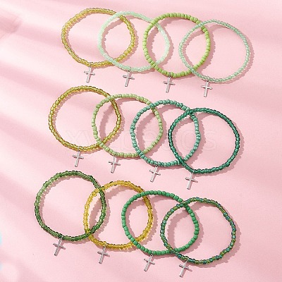 12Pcs 12 Colors 201 Stainless Steel Cross Charm Bracelets BJEW-JB13549-1