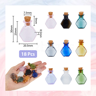 18Pcs 9 Colors Hexagon Dollhouse Miniature Glass Cork Bottles Ornament AJEW-DC0001-11-1
