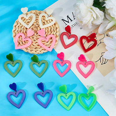 9 Pairs 9 Style Hollow Heart Acrylic Dangle Stud Earrings for Woman EJEW-AN0004-09-1