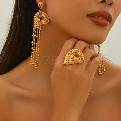 Vintage Alloy Hollowed-out Conch Shape Ring & Tassel Earrings Sets for Women CY8500-1