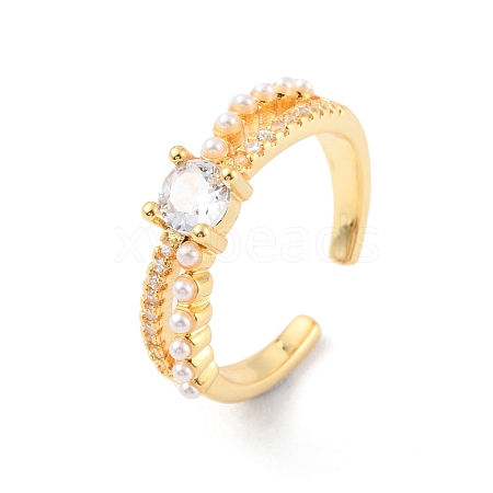 Clear Cubic Zirconia Diamond Open Cuff Ring with Plastic Pearl Beaded RJEW-C058-02G-1