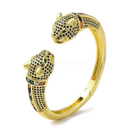 Brass Pave Clear & Green Cubic Zirconia Leopard Open Cuff Bangle for Women BJEW-K246-20A-G-1