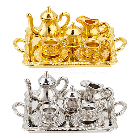 GOMAKERER 2 Sets 2 Colors Alloy Teacup & Saucer & Teapot Set AJEW-GO0001-72-1